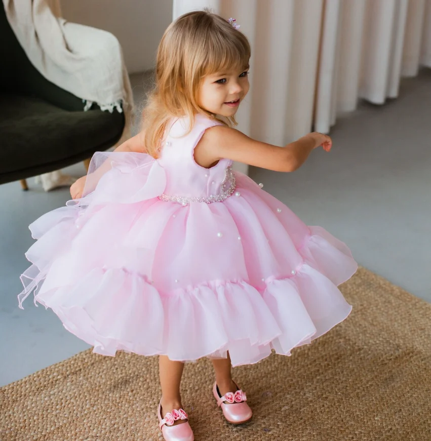 Beaded Sequin Pink Baby Girl Party Dress Photo Shoot Toddler First Birthday Gown Girls Baptism Gifts Baby Gift Big Bow