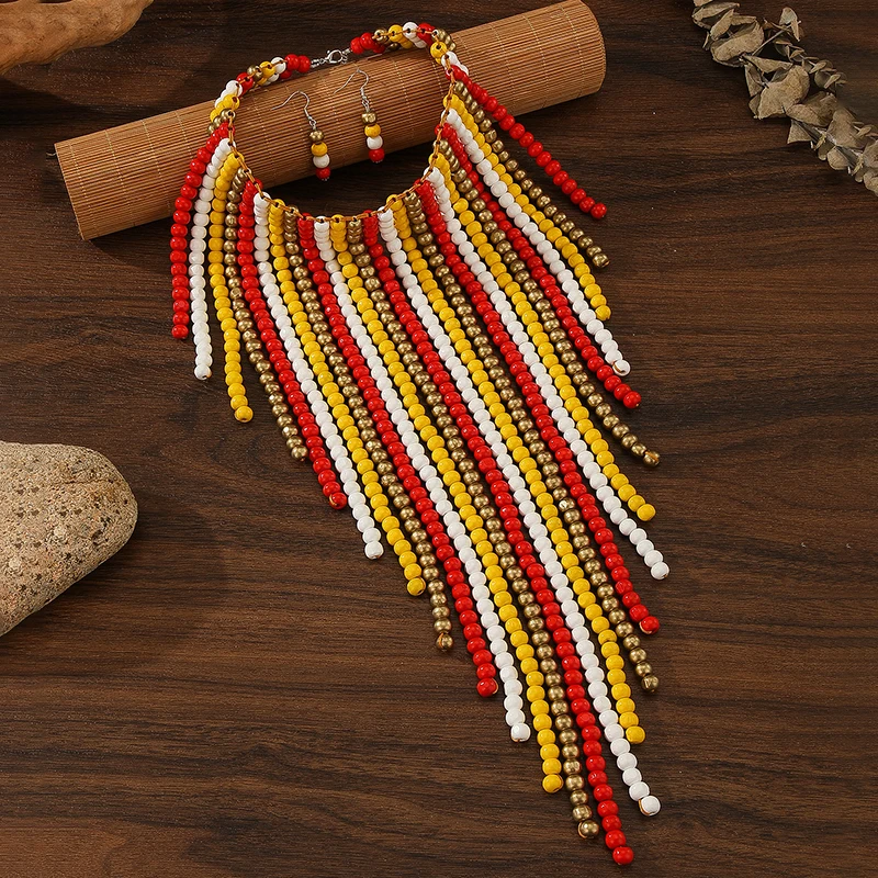 African Wood Beads Multi-layer Tassel Necklace Earrings Set Bohemia Colorful Beaded Choker for Women Jewelry Set Wedding Party