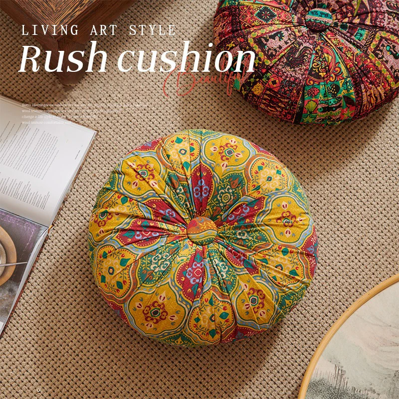 

Round Futon Home Decoration Retro Ethnic Style Floor Cushion Home Chair Sofa Cotton Linen Cushion Bedroom Office Lumbar Pillow