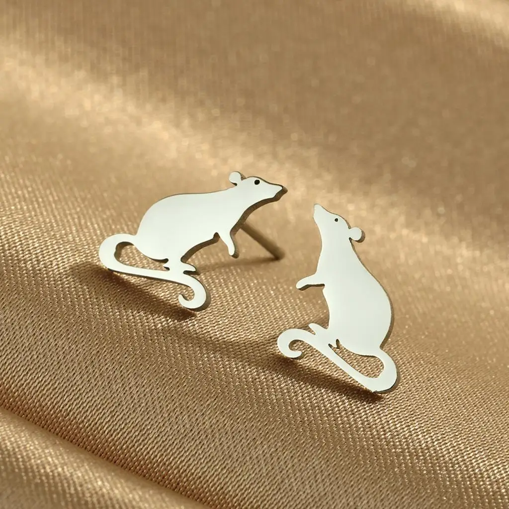 Cxwind Simple Laser Engraving Fashionable Stainless Steel Earrings Decorative Rat Stud Earrings, Cut Rodent Birthday Gift