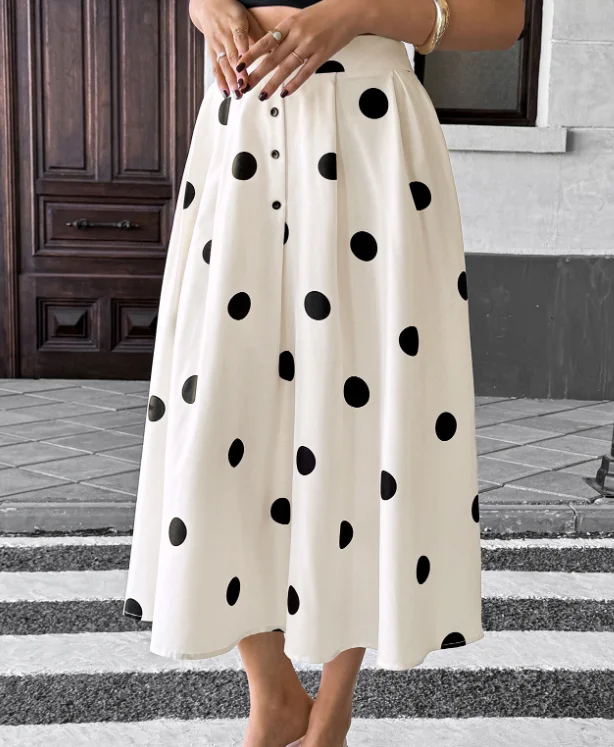 Polka Polka Dot Elastic Retro Elegant A-Line Skirt Summer Polka Dot Print Button Decoration Slim Fit High Waisted A-Line Skirt