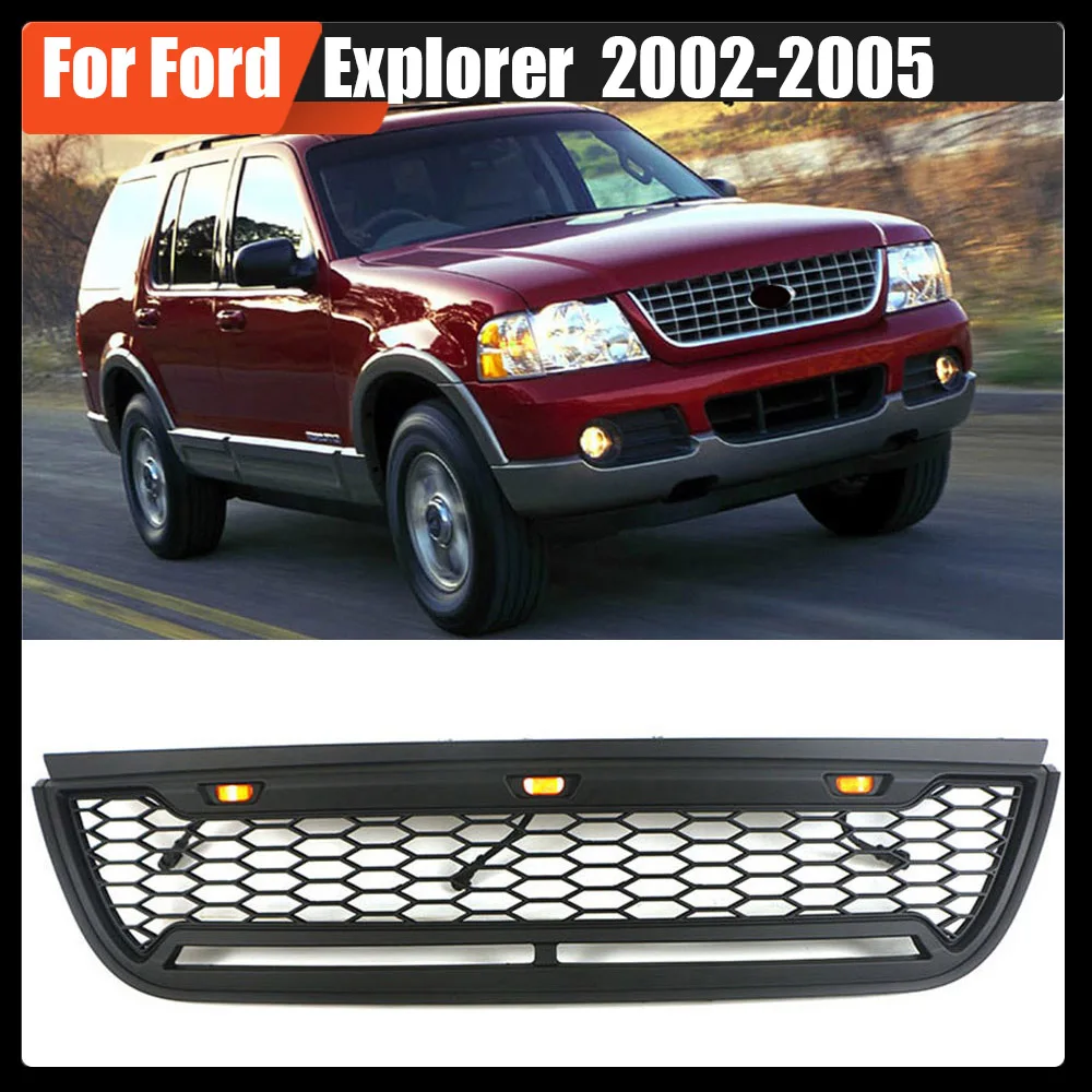 

Exterior Radiator Grill Matte Black LED Grille With Letter And Light Bar Fit Bumper Trims Cover For Ford Explorer 2002-2005