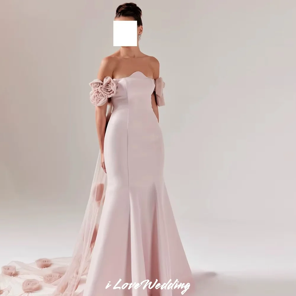 

Розовые вечерние платья с открытыми плечами 2025: атласные 3D цветы, тюль, шлейф Wateau, элегантные платья русалки для свадебной вечеринки по индивидуальному заказу