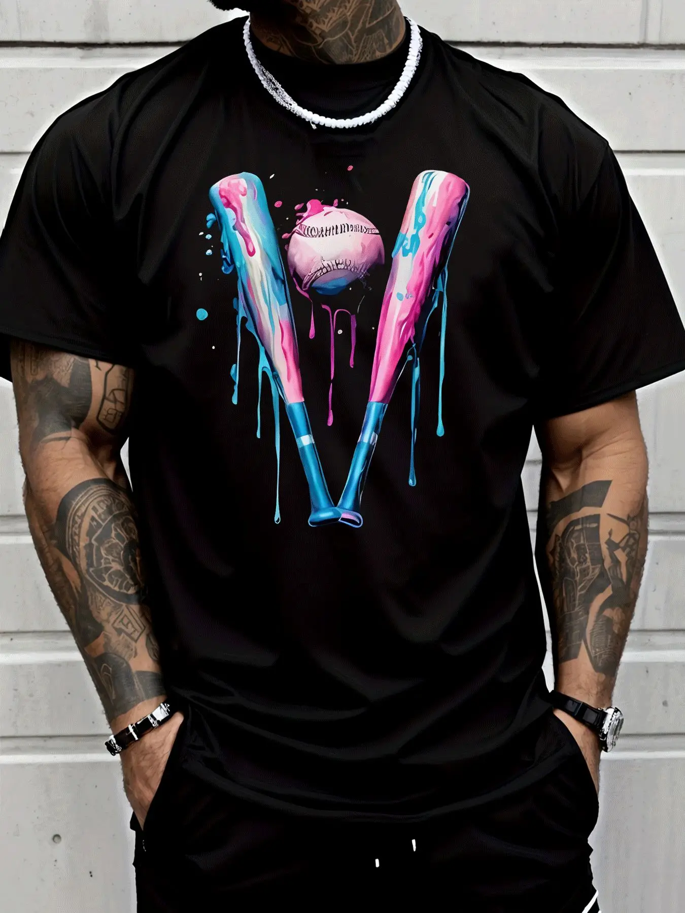 Men O Neck Short Sleeve T Shirt Colorful Drip Paint Baseball Bat And Ball Art Print Summer Soft Loose Casual Tee Tops For Guys