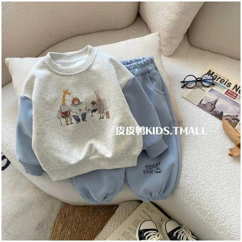 Children's Clothing Boys' and Girls' Tops Hoodie Sweatpants Two Piece Set Cotton for Kids Casual Sport Korean Cartoon Spring