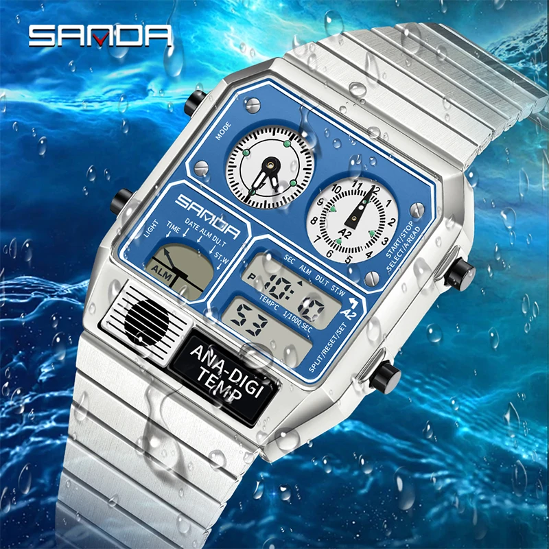 SANDA 3192 Men and women fashion dual display alarm clock digital watch waterproof temperature measuring three-time wristwatch
