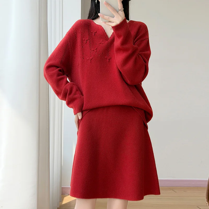 100% pure wool knitted set Korean style slim fit wool skirt two-piece autumn and winter fashion short skirt casual set