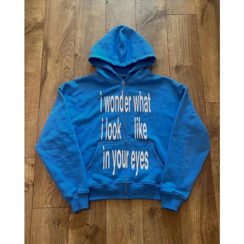 

American Y2k Harajuku Blue Oversized Hoodie Letter Printing Zipper Sweatshirts Women Fashion Personality Hip-hop Couple Hoodies