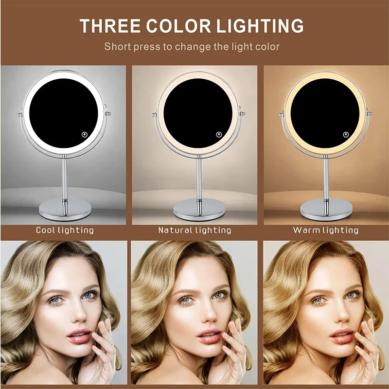 Imagem -03 - Ampliação Led Makeup Mirror com Touch Switch Duplo Lado Carregamento Usb Desktop Vanity Cosméticos Color Light Polegada 10x