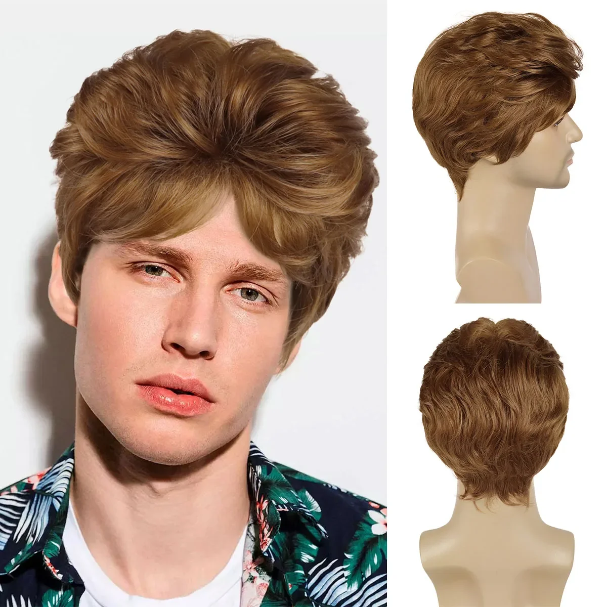 

GNIMEGIL Synthetic Brown Short Curly Wig for Men Fluffy Hairstyle Natural Pixie Cut Wig with Bangs Heat Resistant Daily Men Wig