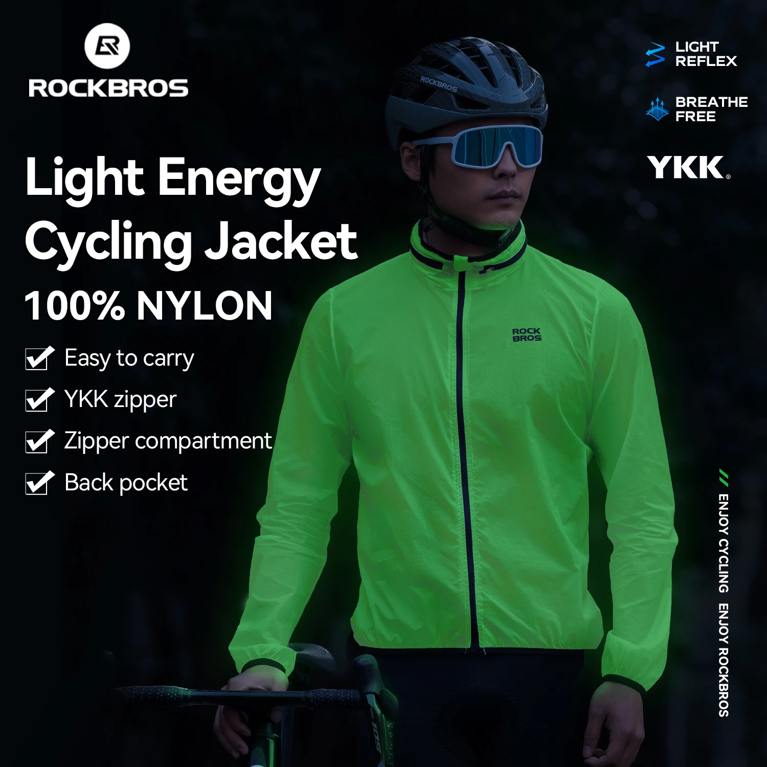 ROCKBROS Summer Cycling Jacket Lightweight Portable Hoodie Fluorescent Glowing Hooded Jacket Night Safety Alarm Cycling Clothing