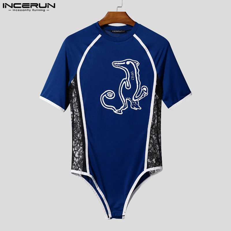INCERUN الرجال داخلية الدانتيل المرقعة الطباعة قصيرة الأكمام Playsuits الرجال السروال القصير الشارع الشهير مثير انظر من خلال موضة ارتداءها