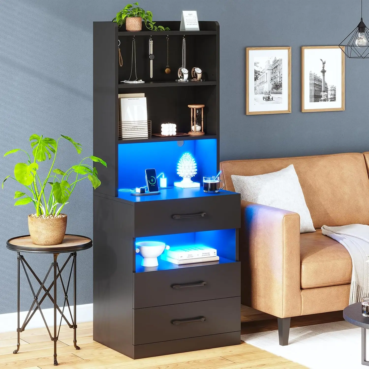 Tall Nightstand With Charging Station And LED Lights, Night Stand With 3 Drawers And Storage Shelves, Bedside Table, Customized