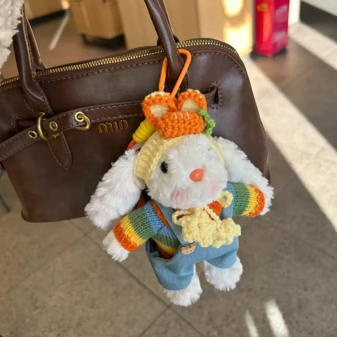 Cute Plush Bunny Keychain with Carrot Hat, Rainbow Sweater and Denim Overalls, Rabbit Bag Charm for Handbags and Backpacks