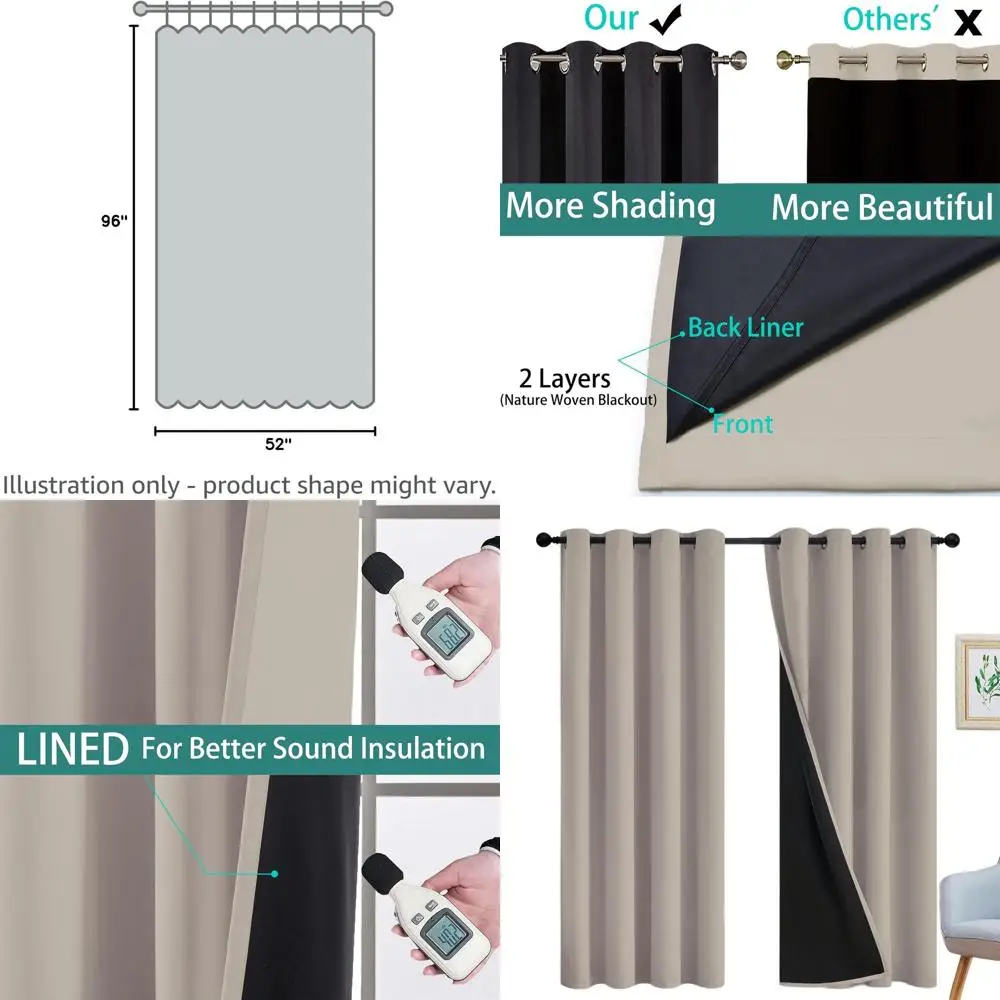 

Thermal Insulated 96 Blackout Curtains, 2 Layers, 52 Wide, Natural, 2 Panels