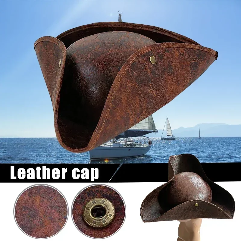 Vintage Faux Leather Pirate Tricorn Hat - Distressed Captain's Cosplay Hat for Men & Women, Perfect for Masquerade Parties