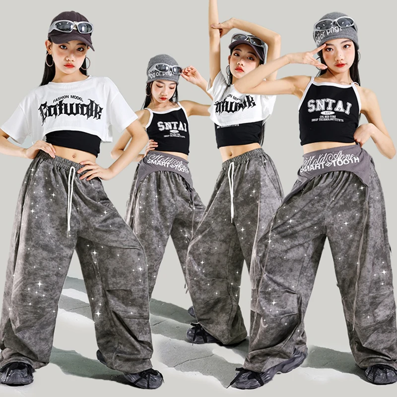 

Hip Hop Street Dance Clothes Children Performance Suit White Top Gray Shuffle Pants Line Dance Costume Fashion Jazz Outfit 2103