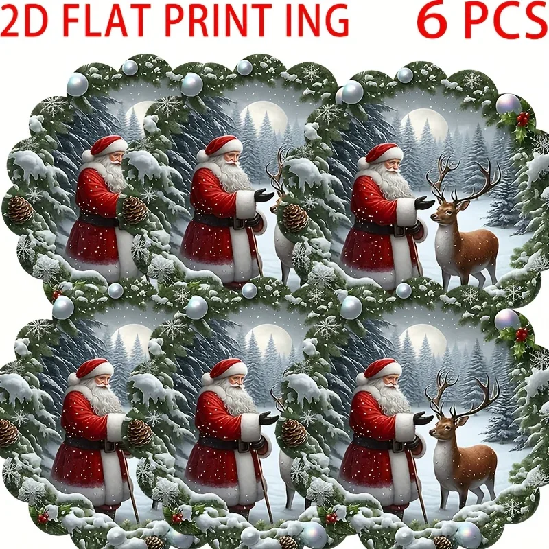 6pcs/Santa Claus And Reindeer Round Placemat, Santa Claus And Reindeer, Surrounded by Pine Branches, Snowflakes, Colorful Balls
