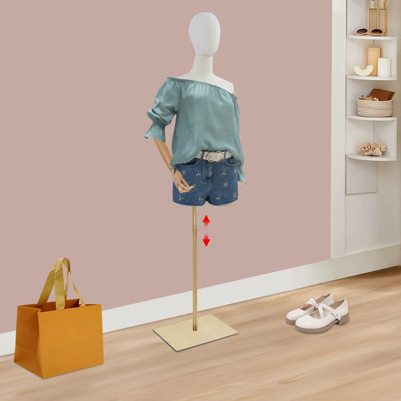 

Wooden Hand Female Mannequin with Base & Detachable Head, Adjustable Height Display Form for Clothing Boutique, 38cm Shoulder