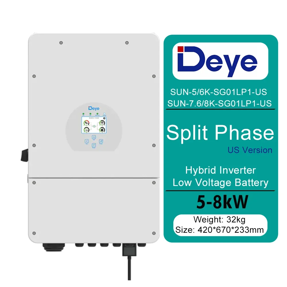 Deye Us Versie Zon-5/6/8K-Sg01lp1-us 5kw 6kw 8kw 10kw 12kw Split Fase Hybride Zonne-Energie Omvormer