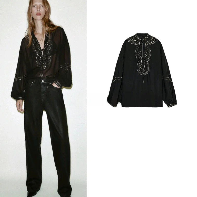 

Spring Summer New Fashion Loose Transparent Beaded Shirt Women's Premium Clothing Button Detail Sequin Embellished Blouse