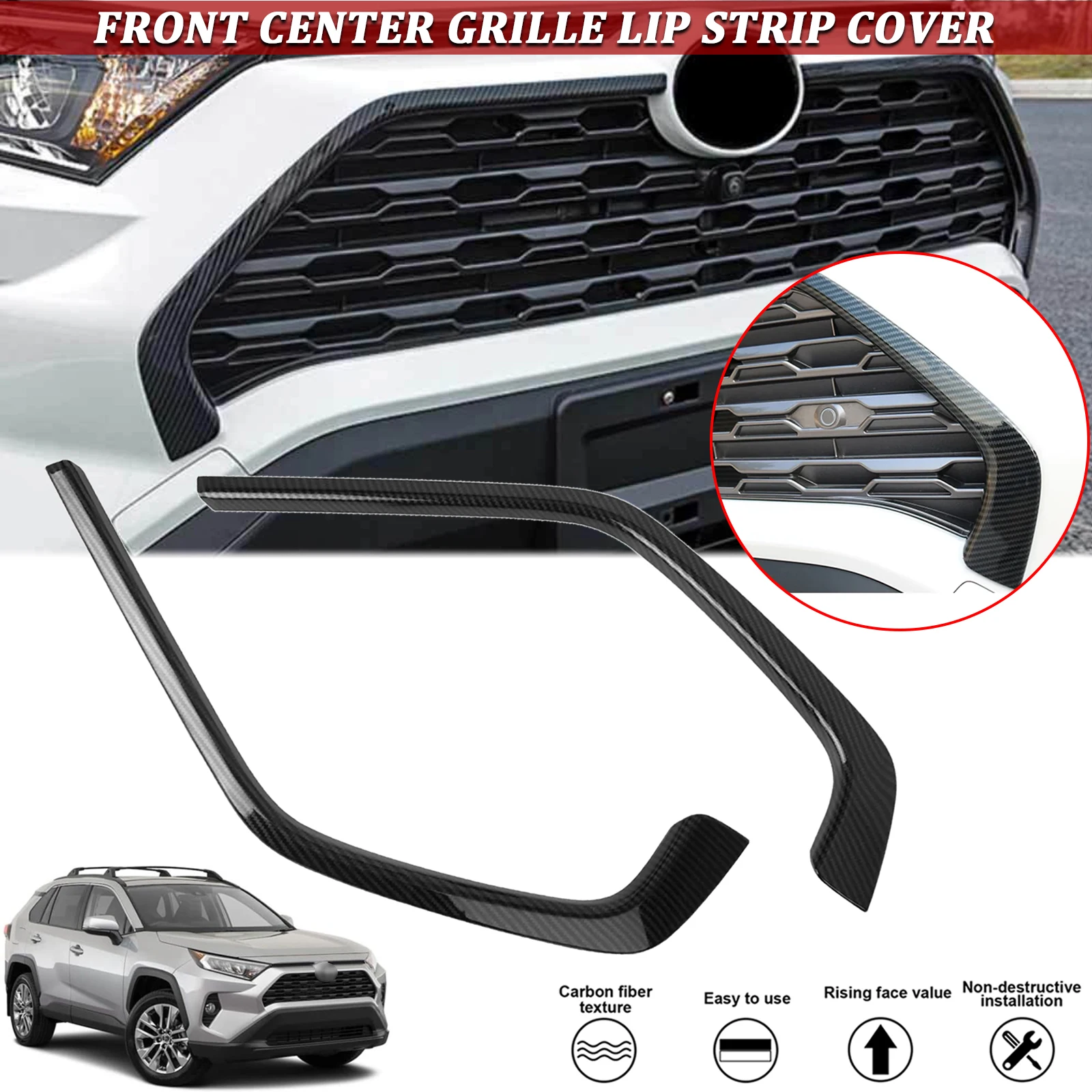 2pcs Carbon Fiber Look Car Front Center Lip Stripe Grille Grill Strip Cover Frame Decal For Toyota RAV4 2019 2020 2021 2022 2023