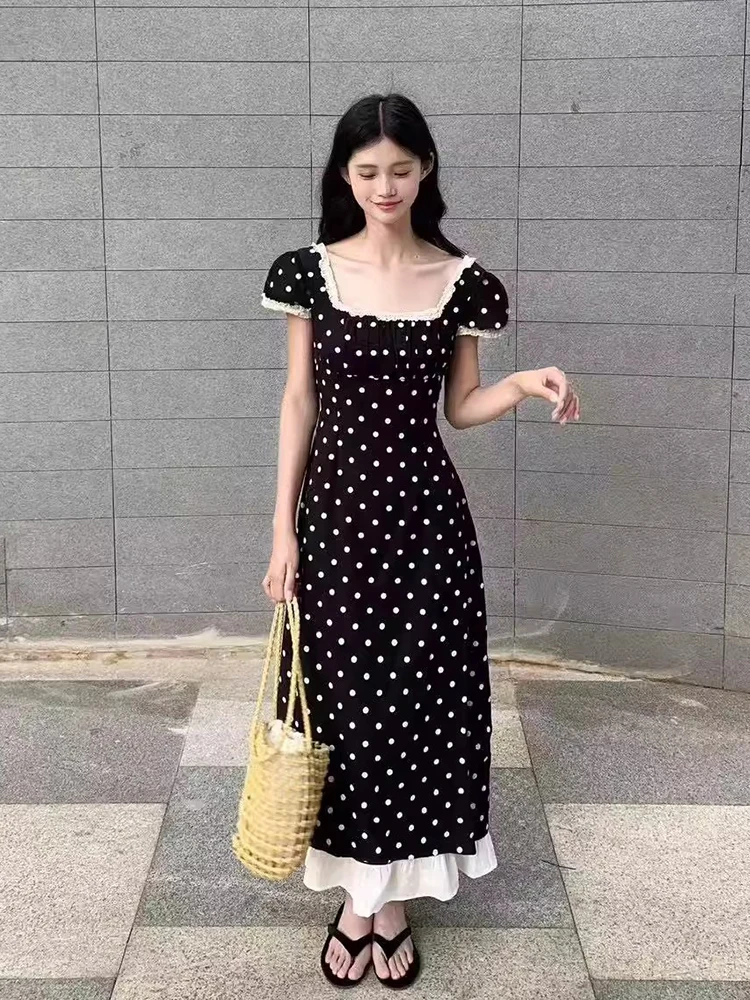 

Новинка лета: Женское длинное платье А-силуэта с квадратным вырезом, кружевными вставками в горошек, приталенное, с завышенной талией, для офиса, с рукавами-фонариками