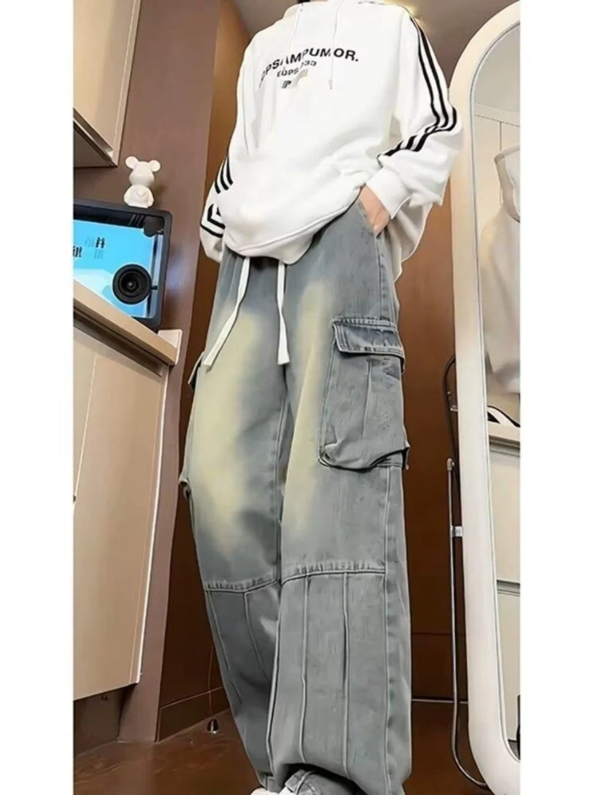 

Американская рабочая одежда в стиле ретро, джинсы, мужские весенне-осенние свободные прямые повседневные широкие брюки с большими штанинами, молодежные модные износостойкие