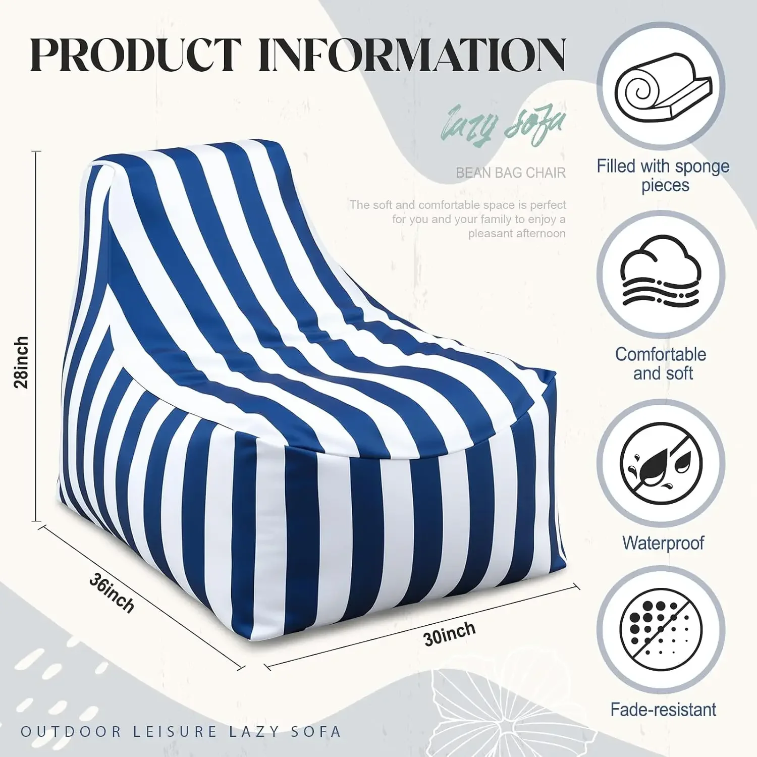 2 Pcs Blue Outdoor Bean Bag Chair for Adults, Waterproof Patio Bean Bag Lounger with Washable Removable Cover, Striped Floor Cha