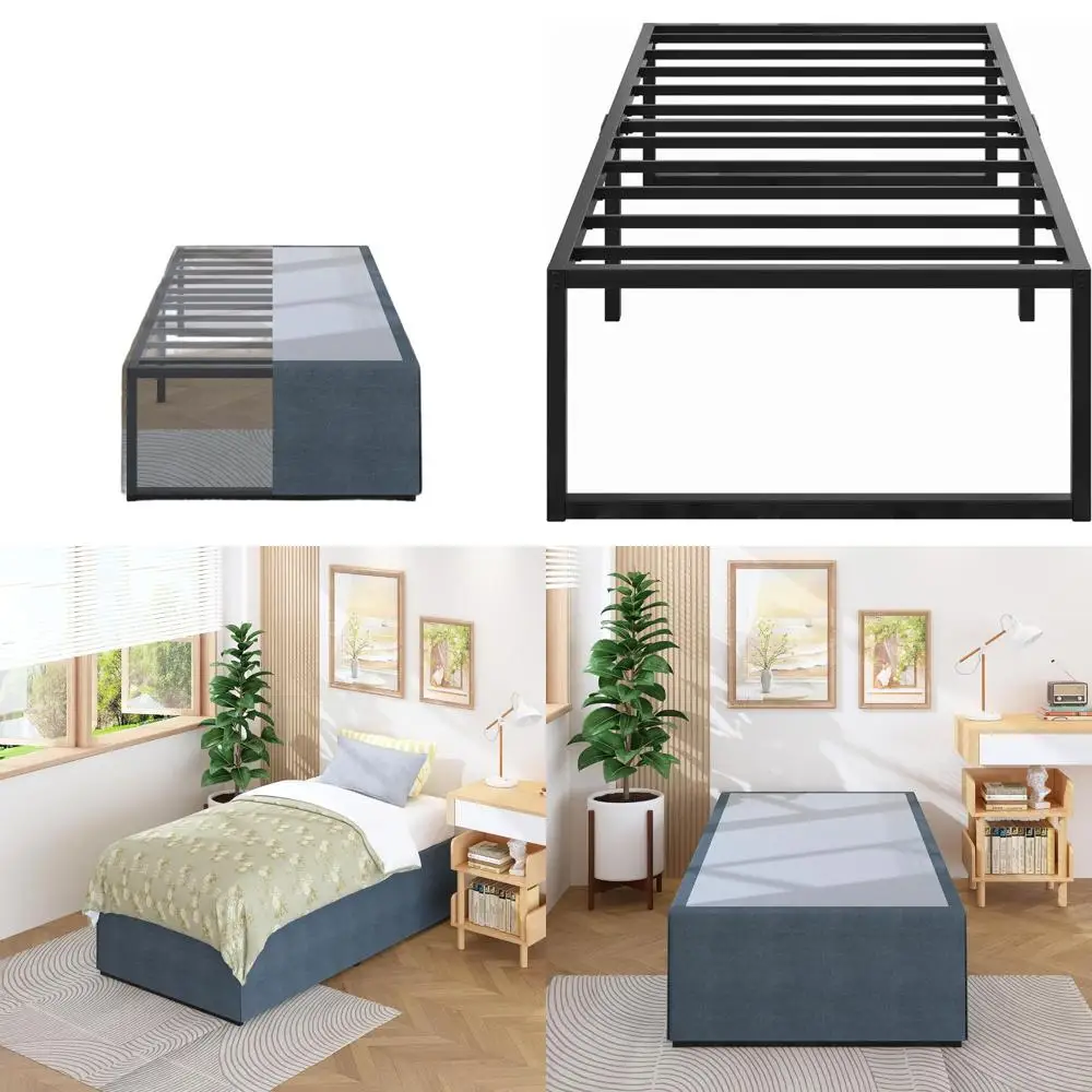 

Sturdy Metal Twin XL Bed Frame with Fabric Cover - No Box Spring Needed, Easy Assembly, Black & Blue