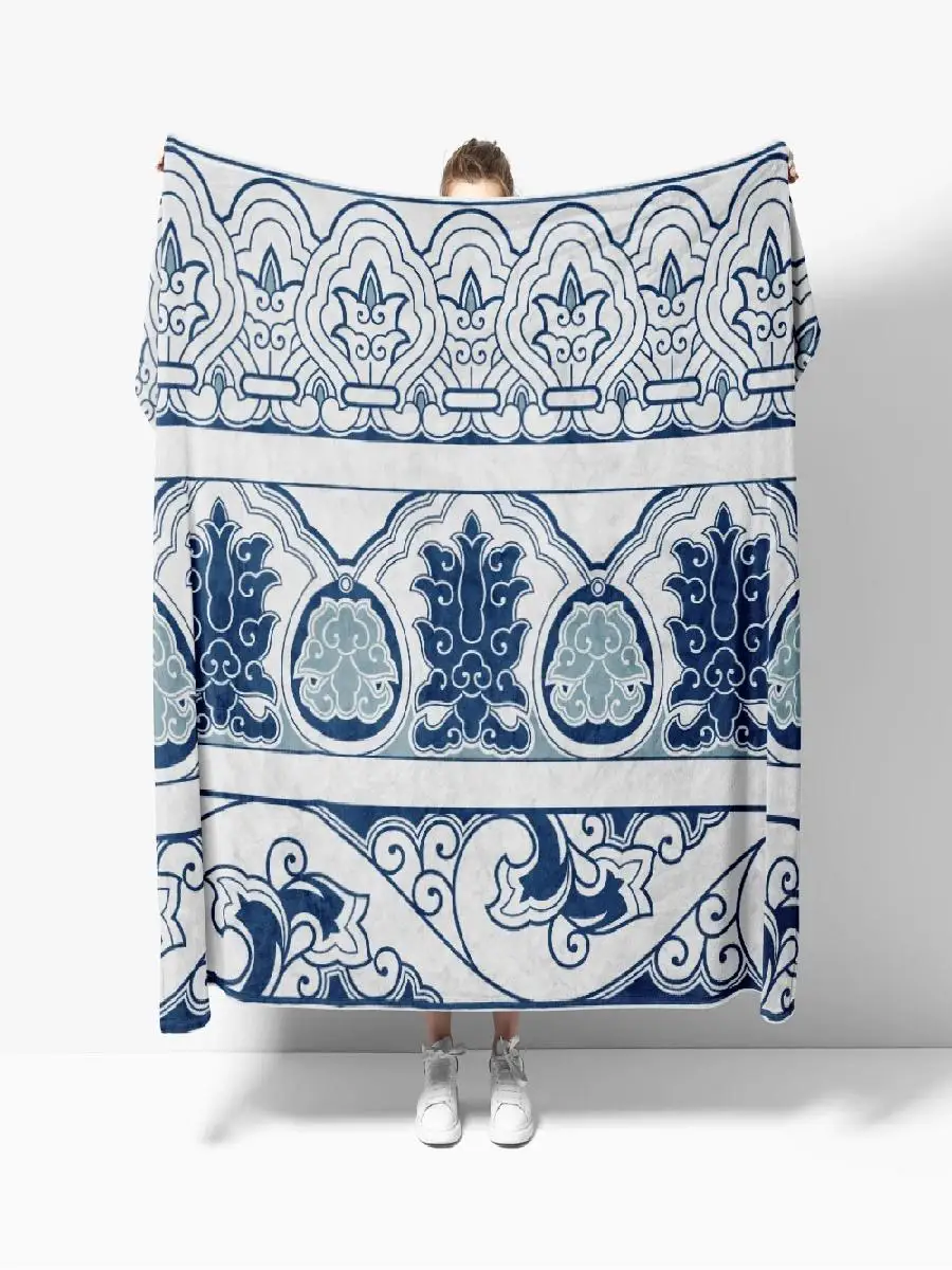 Cozy Soft Flannel Throw Blanket with Blue Porcelain Pattern  Lightweight Warm Blanket for Bed Couch or Sofa60x80