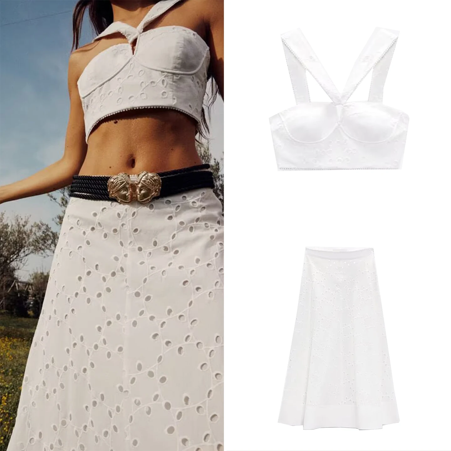 

Women's Embroidered Crop Top And High Waist Skirt Set Spring 2026 Fashion Hollow out Design Patchwork Two-Piece Ensemble