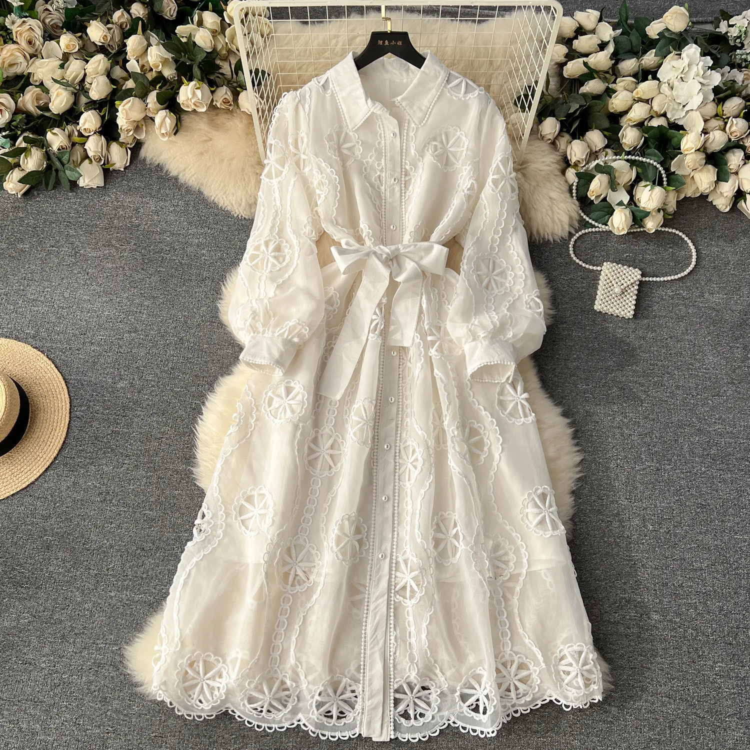 

2025 Embroidery Hollow Flower Single Breasted Midi Dress Palace Style Puff Sleeve Lapel Women Dresses Casual Beach Holiday Dress