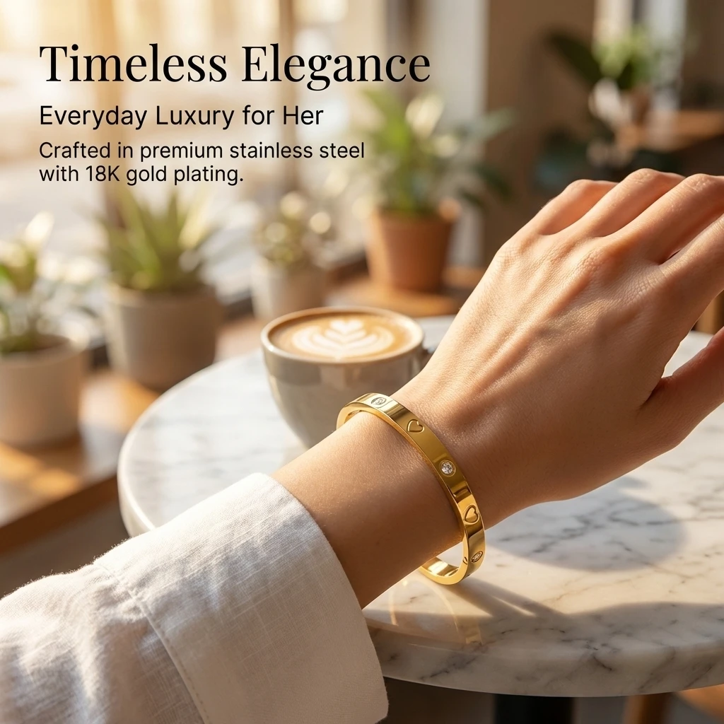 Goldfarbenes Herz-Zirkon-Armreif, Luxuriöses Edelstahl-Armband für Damen, Schmuckgeschenk