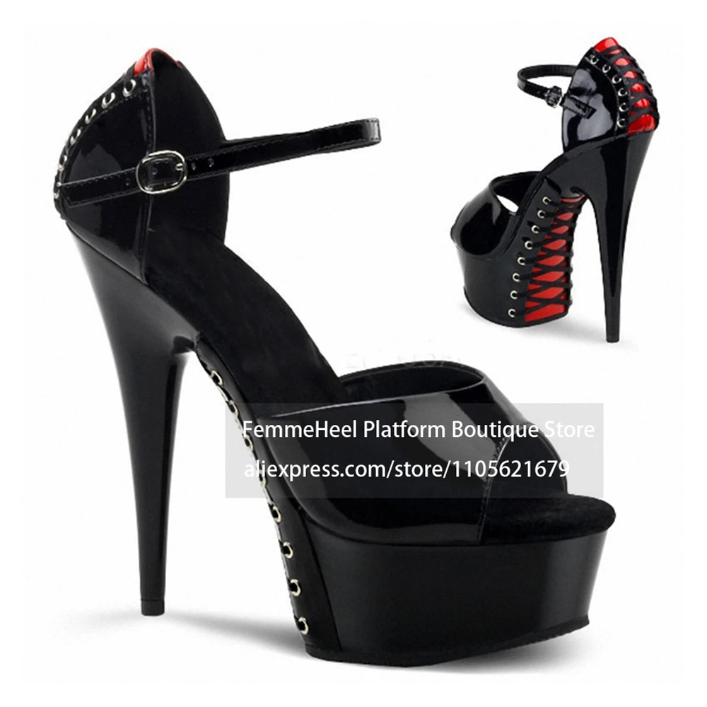 Black Shiny Patent Leather Peep Toe Platform Stiletto Sandals Red Back Lace up Ankle Buckle Sexy Club Stage Party High Heels