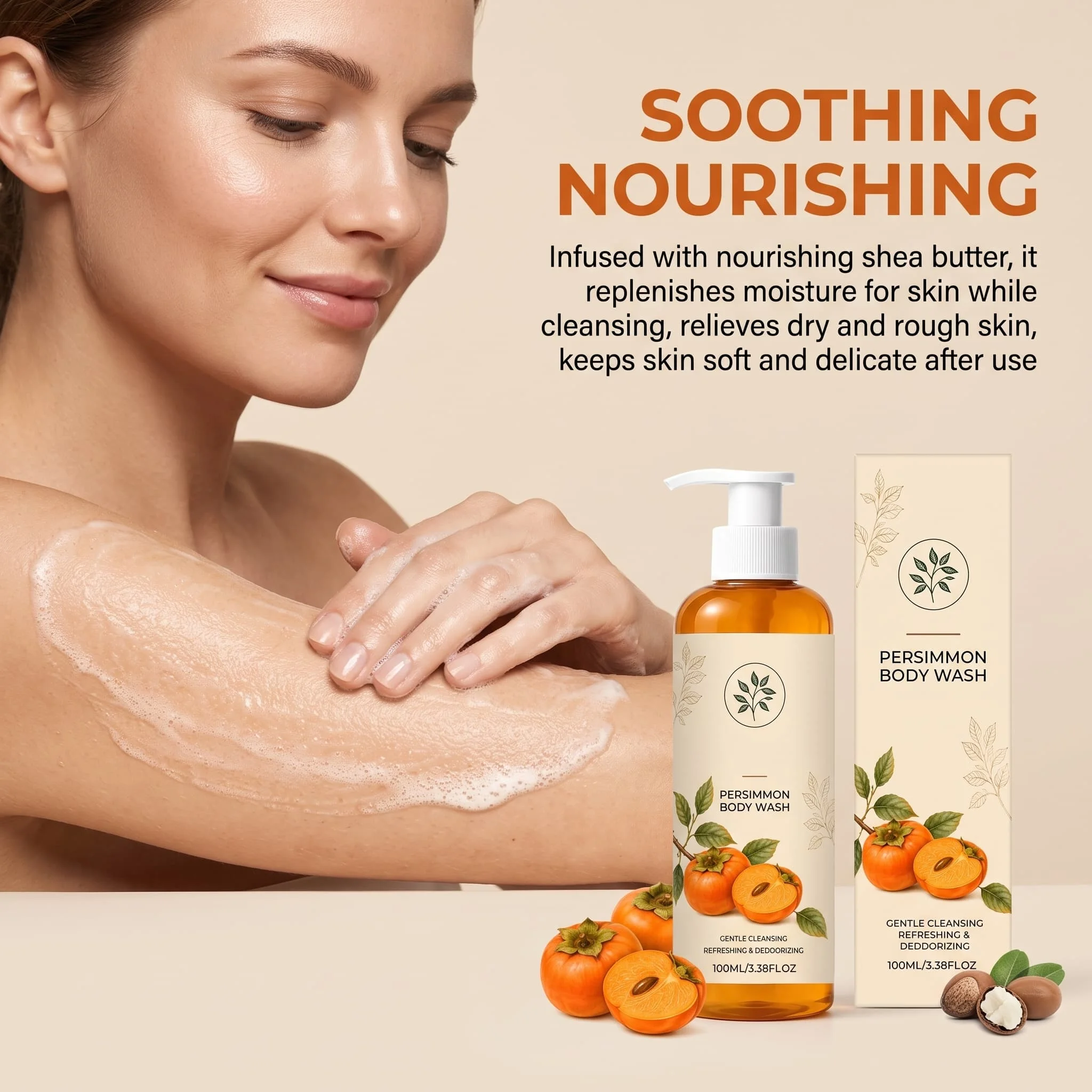 Persimmon Fruit Extract Body Wash Gentle Cleansing Shower Gel Hydrating Moisturizing Shea Butter Nourishing Refreshing Skin Care