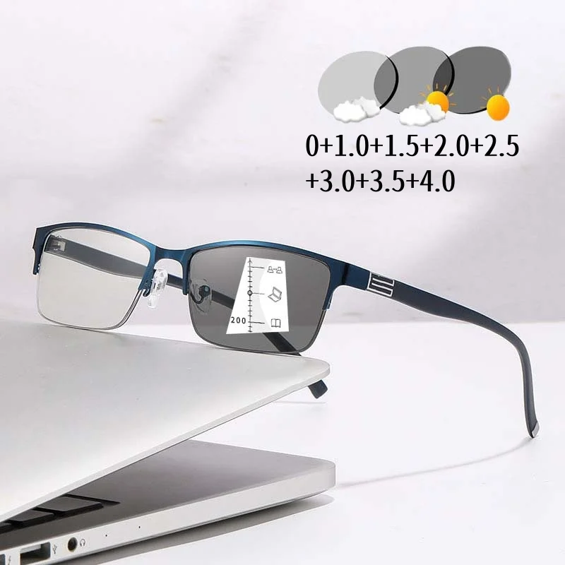 

Color Changing Multifocal Reading Glasses Half Frame Business Anti Blue Light Glasses Presbyopia Glasses Photochromic Goggle