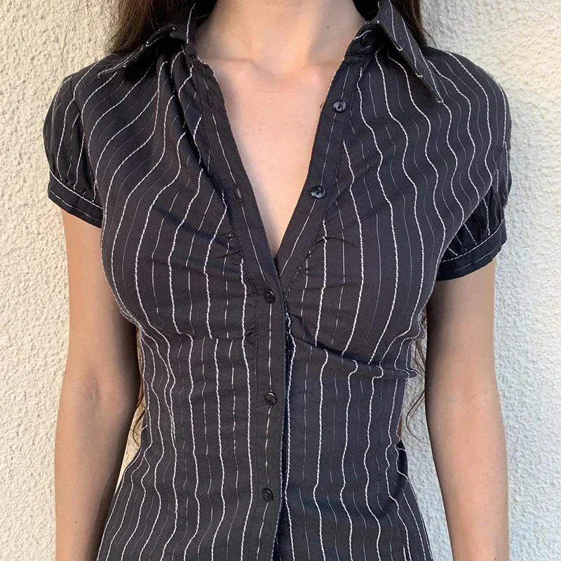 Y2K Striped Blouse Women's Summer French Style Button-up Turn-down Collar Shirt Vintage Streetwear Chic Elegant Tops