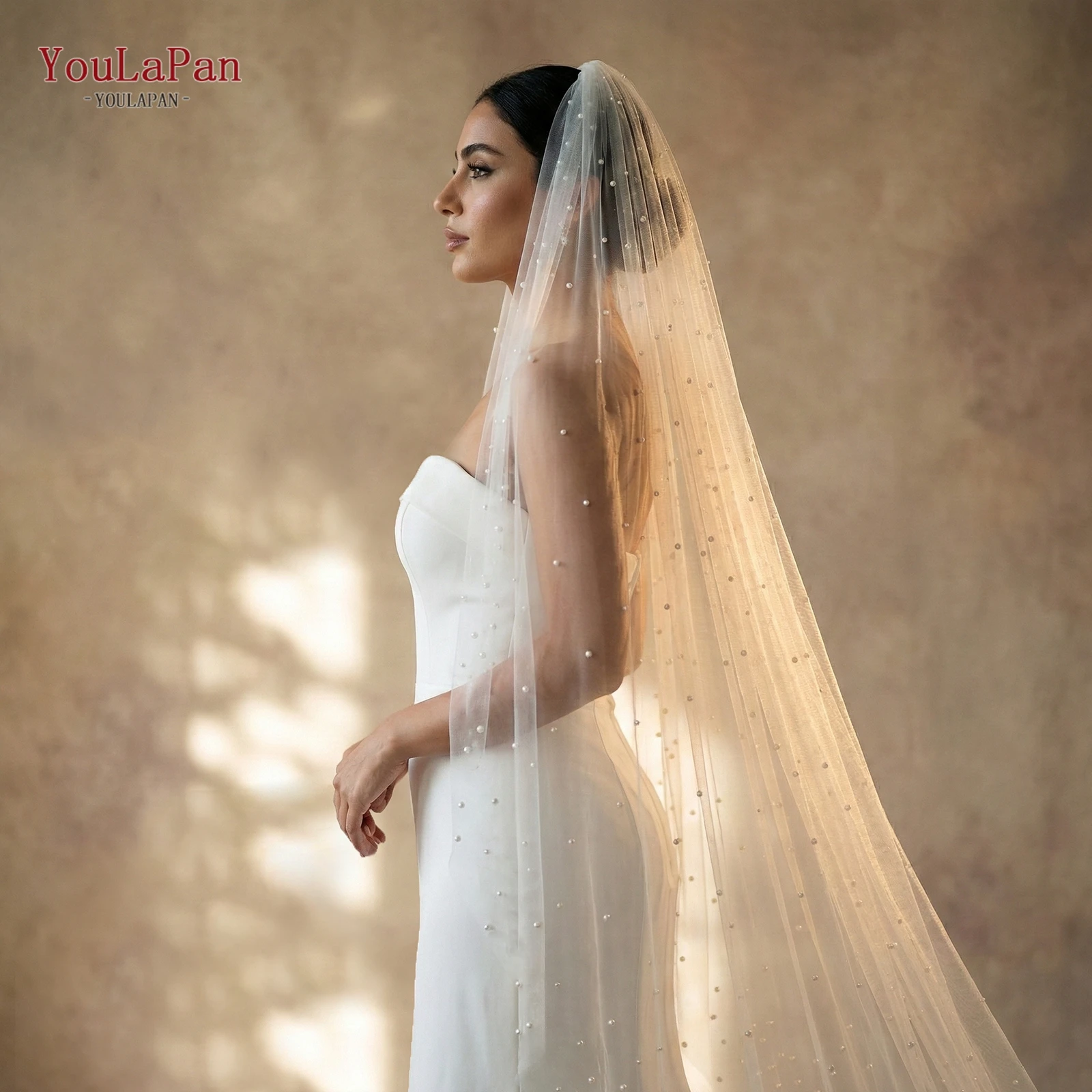 

TOPQUEEN Classic Pearl Bridal Veil Velo De Novias Cathedral High-Quality Nylon Tulle Wedding Accessories Can Be Customized V10