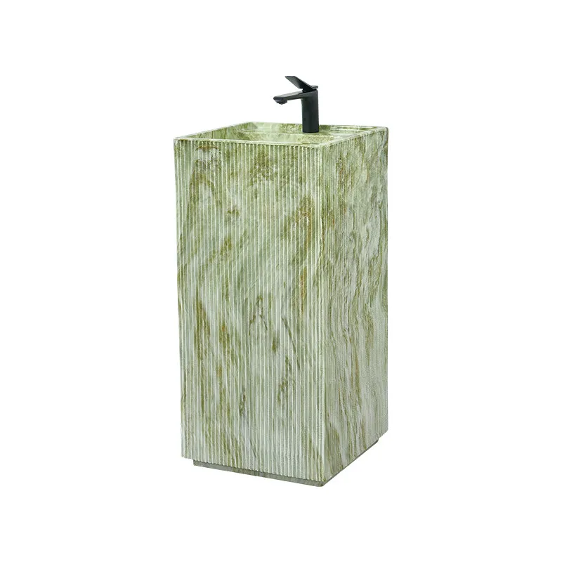Minimal light luxury column wash basin green marble stone pattern personalized column basin