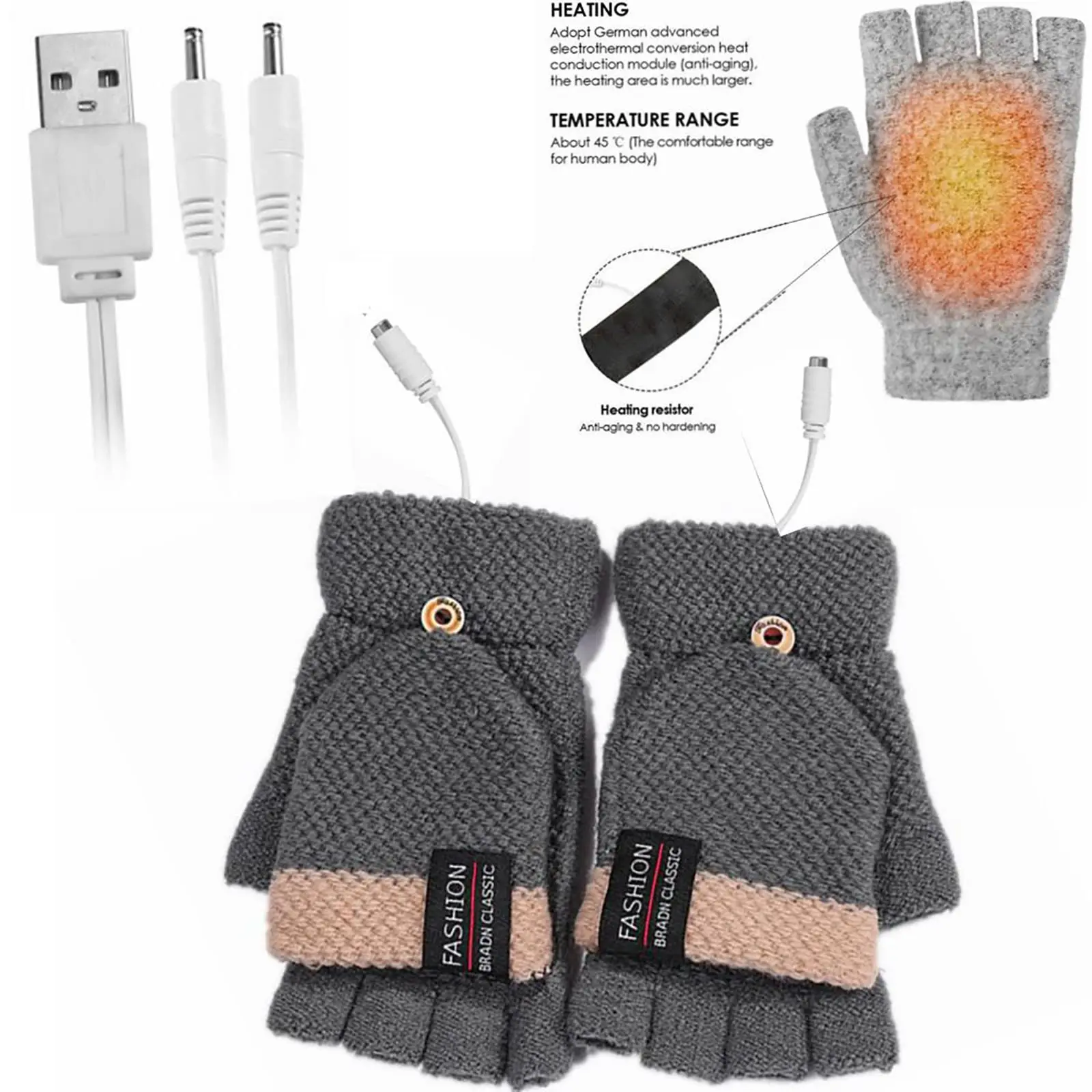 

USB Double-sided Heated Gloves for Men's Winter Driving Working Hot Warmer Hands Half Finger Flip Fashion New in Knitted Mittens