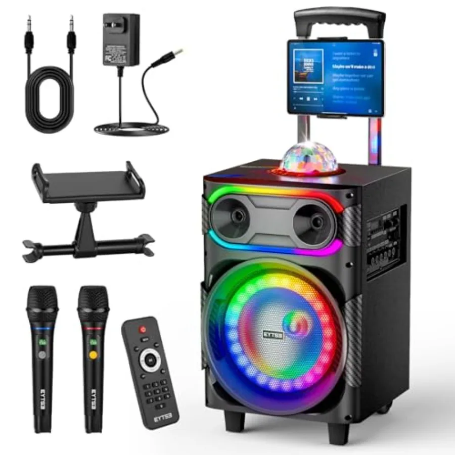 

Karaoke Machine for Adults with 2 Wireless Microphones, BT PA System with Disco Ball LED Lights, Rolling Wheels, Tablet Holder,