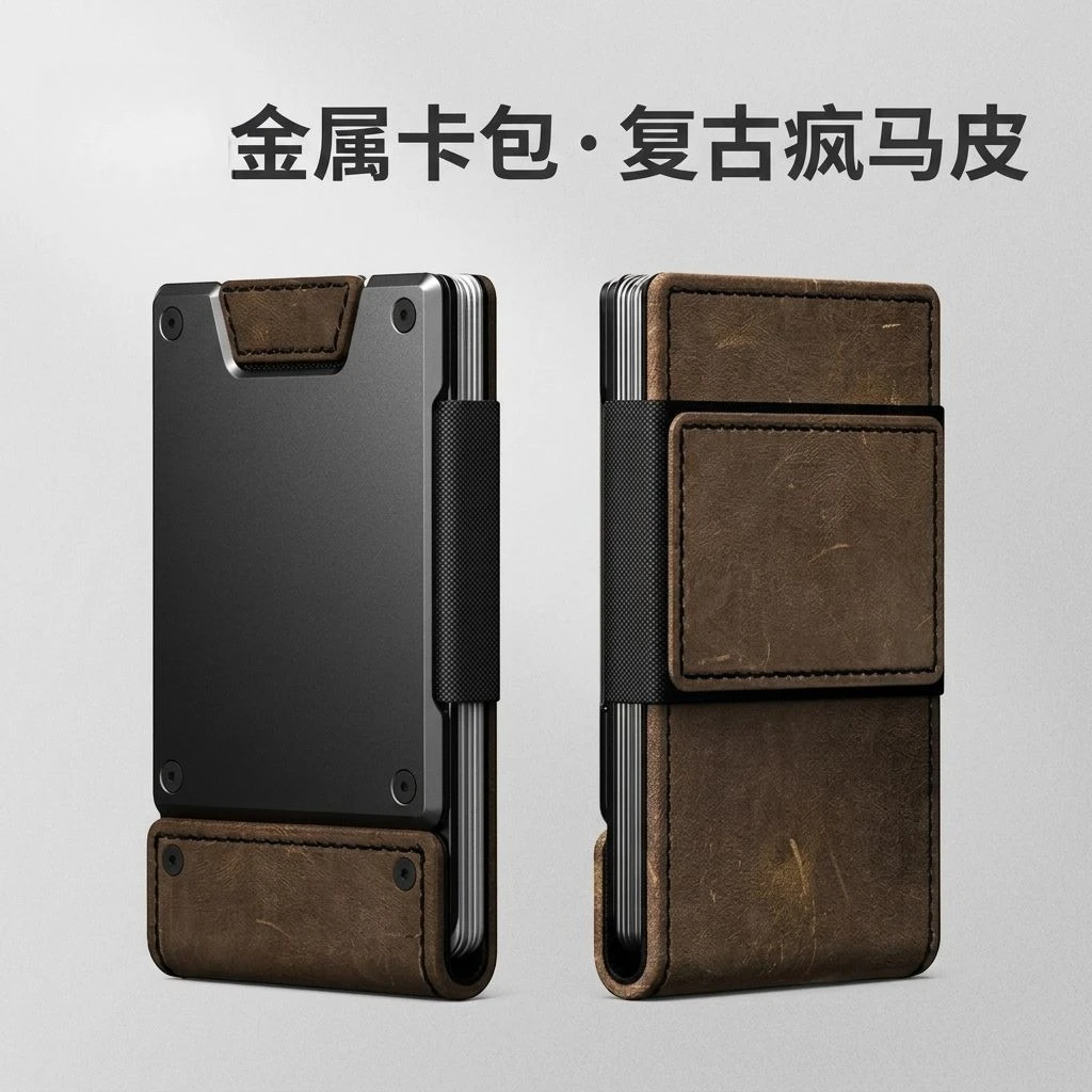 Metal Card Bag Men's Minimalist Wallet Vintage Crazy Horse Leather RFID Anti-theft Card Cover Aluminum Alloy Hardcore Wallet