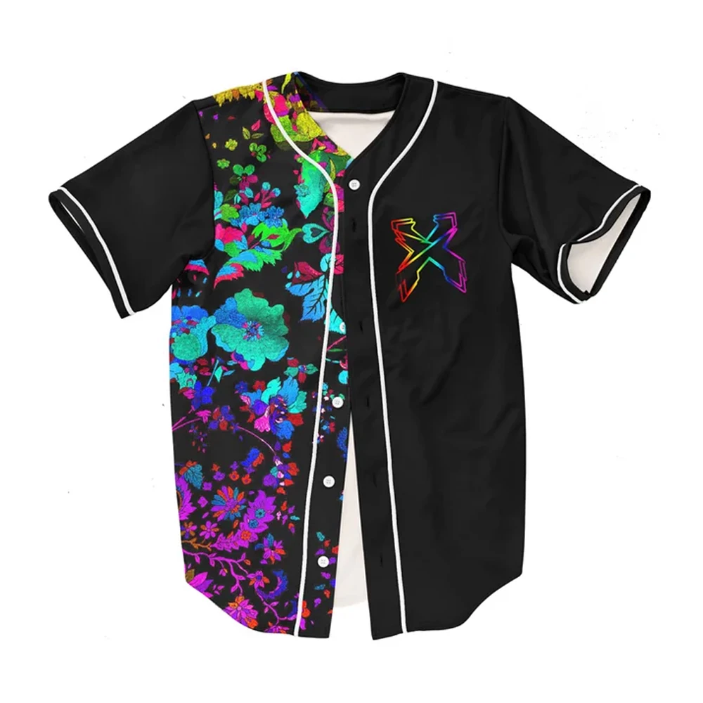 Excision Trippy Floral Pattern Rave Baseball Jersey For EDM Festivals V-Neck Short Sleeve Shirts Women Men Fashion Streetwear