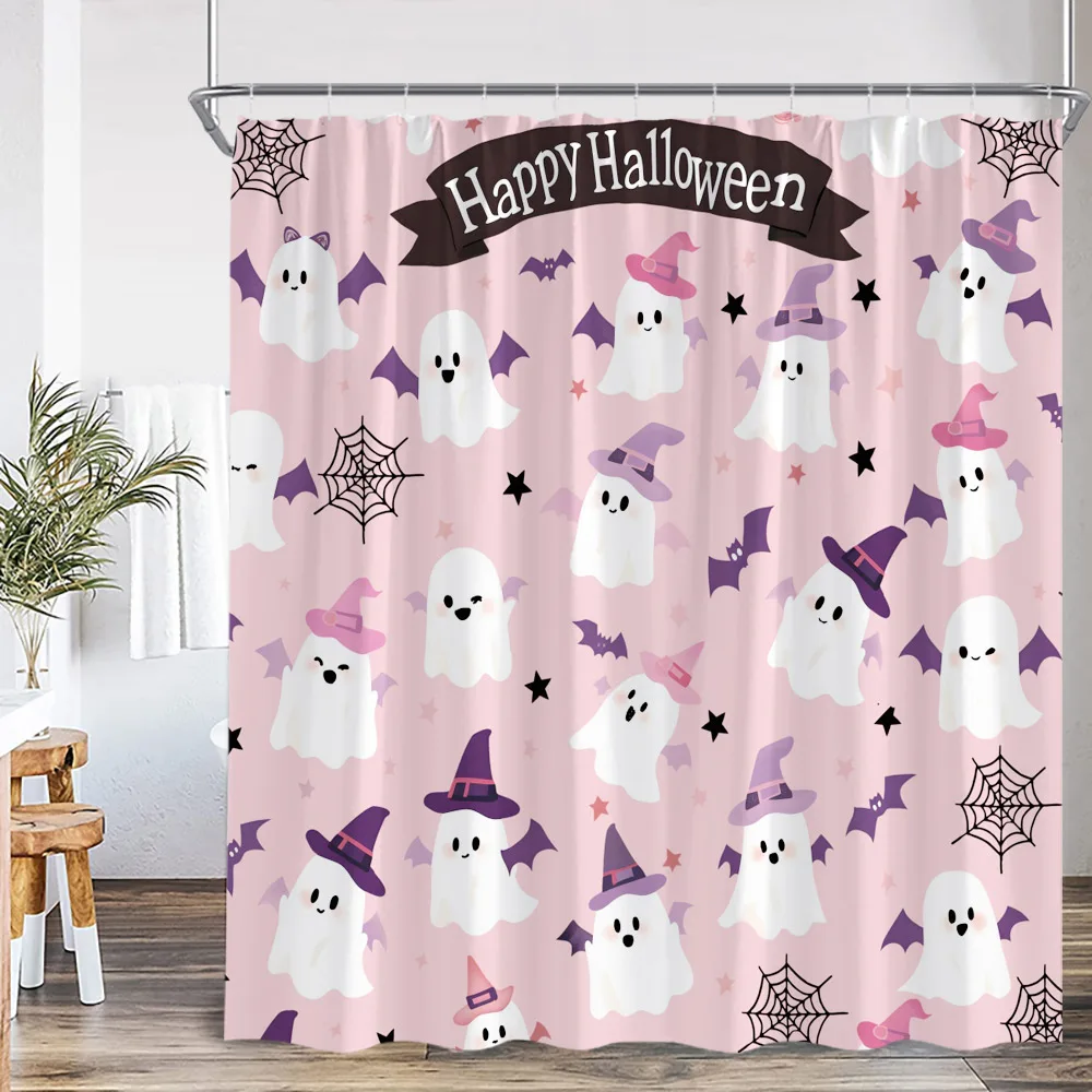 Cute Ghost Cartoon Pattern Shower Curtain Pumpkin Lantern Spectre Orange Pink Bathroom Decor Kid Happy Halloween Bathtub Curtain