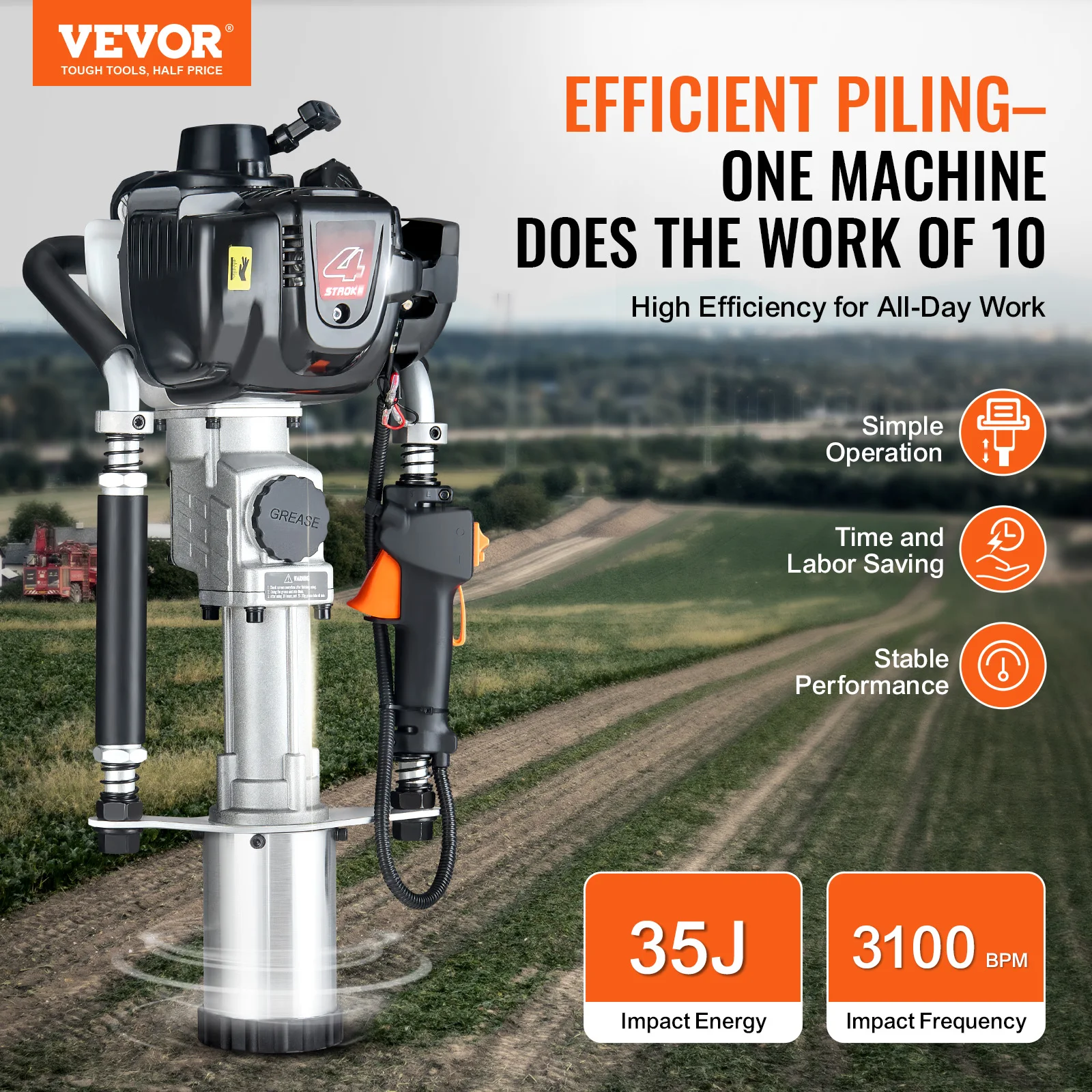 VEVOR 37.77cc Gas-Powered T Post Driver 4-Stroke Engine Gasoline Fence Piling Pounder with 3 Post Driving Head(45/55/88 mm)