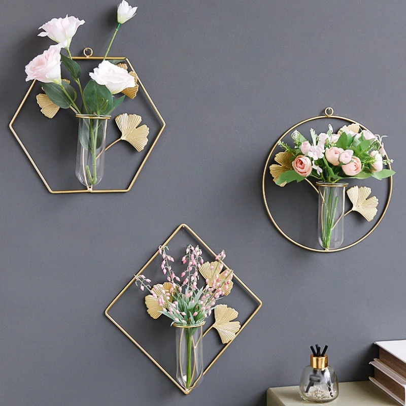 Nordic Wall Monted Golden Glass Vaas Hydroponic Plant Flower Vaas Met Ginkgo Leaf Metalen Frame Glazen Reageerbuishouder