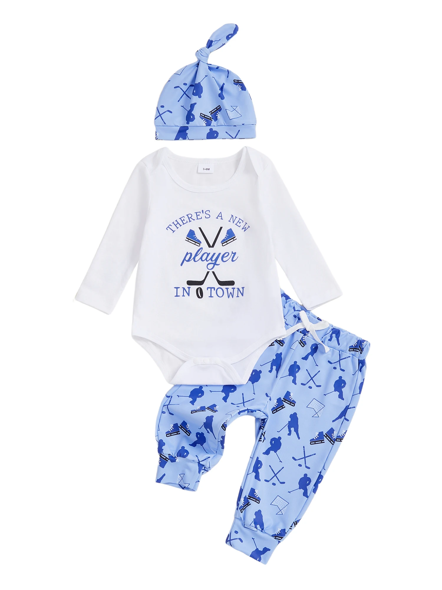 

Cute Winter Baby Outfit Set with Letter Print Romper Ice Hockey Pants and Matching Hat for Fall Season 3Pcs Clothing