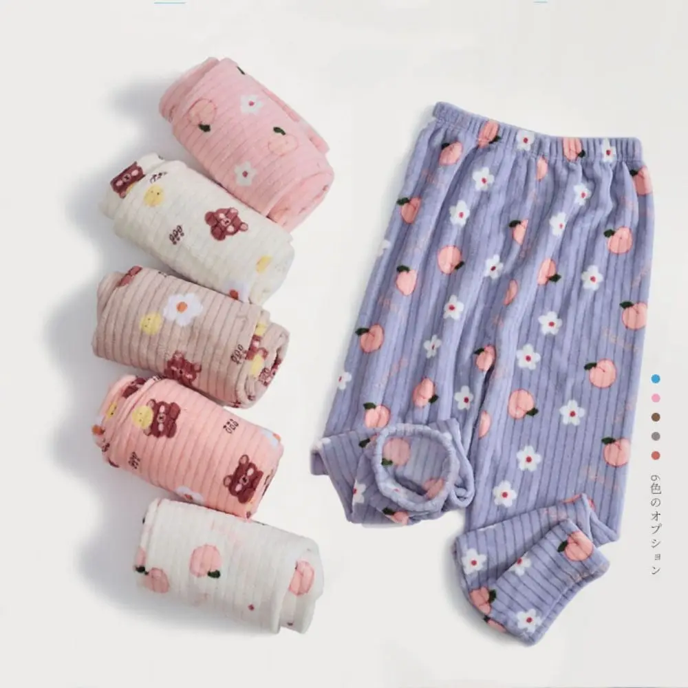 Fashion Cute Bear Velvet Sleepwear Set Flower Long Sleeve Pajama Suit Nightwear Peach Winter Thick Warm Pajamas Girl Gift