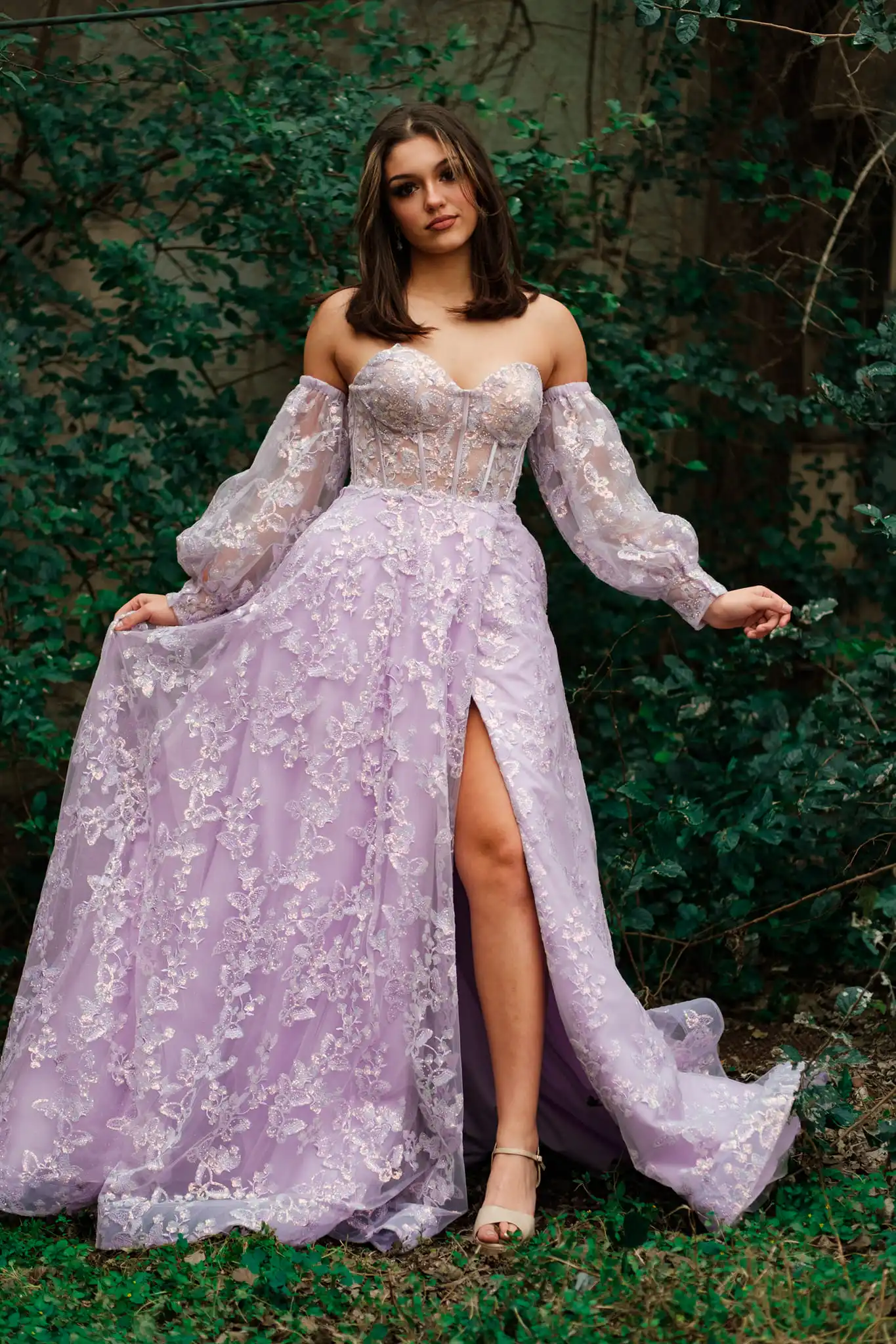 Lilac Bên Buổi Tối Ăn Mặc Thêu Bướm 2022 Robe De Dạ Hội Có Thể Tháo Rời Tay Áo Hoa Oải Hương Prom Gowns Lady Pageant Slit